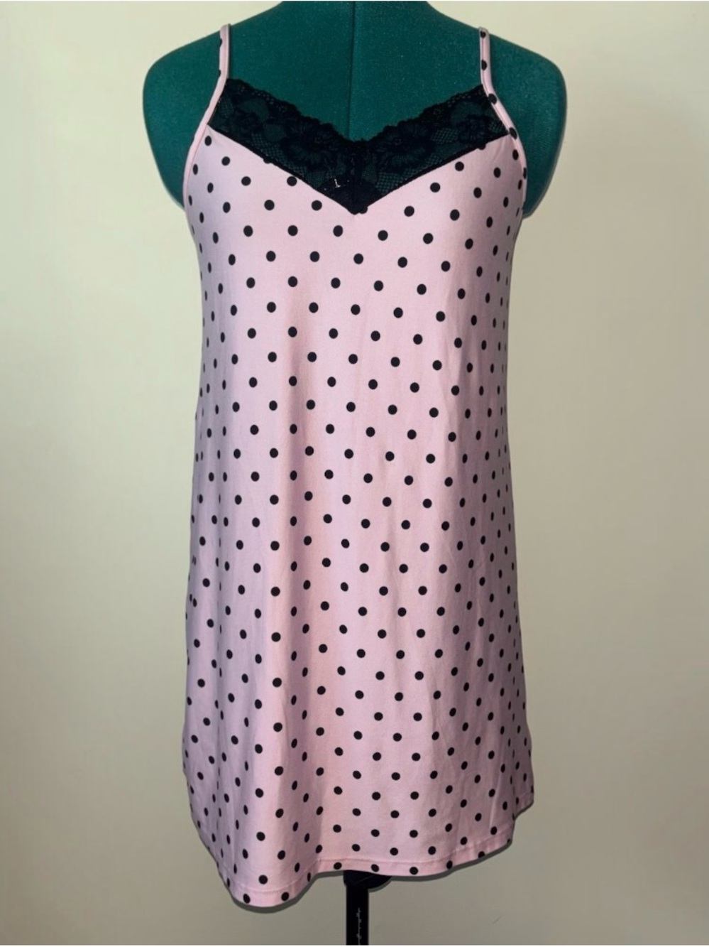 Joyspun Pink Polka Dot Lace Slip Nightgown Size Small